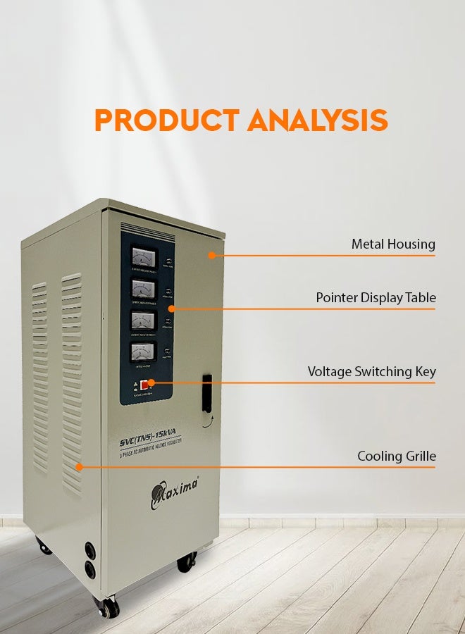 Maxima 15000W 3-Phase Voltage Stabilizer – 15KVA High-Precision Automatic Voltage Regulator for Industrial & Commercial Use | Overcurrent Protection & Energy Efficient. - Image 2